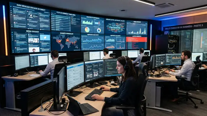 Salle d'analyse avec écrans affichant des flux de données et de réseaux sociaux surveillés.
