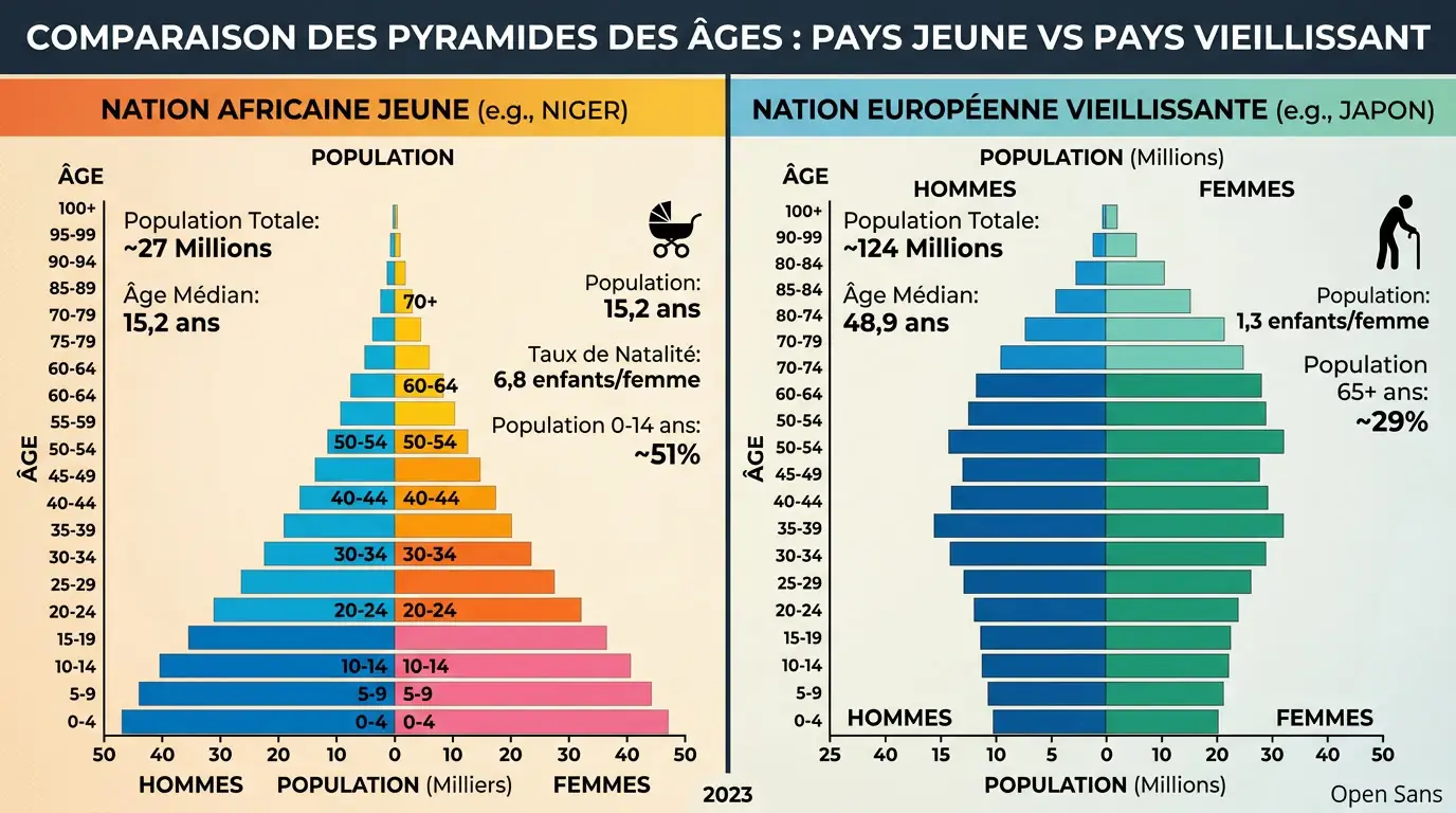Pyramides des âges contrastées d'un pays africain jeune et d'un pays européen vieillissant.