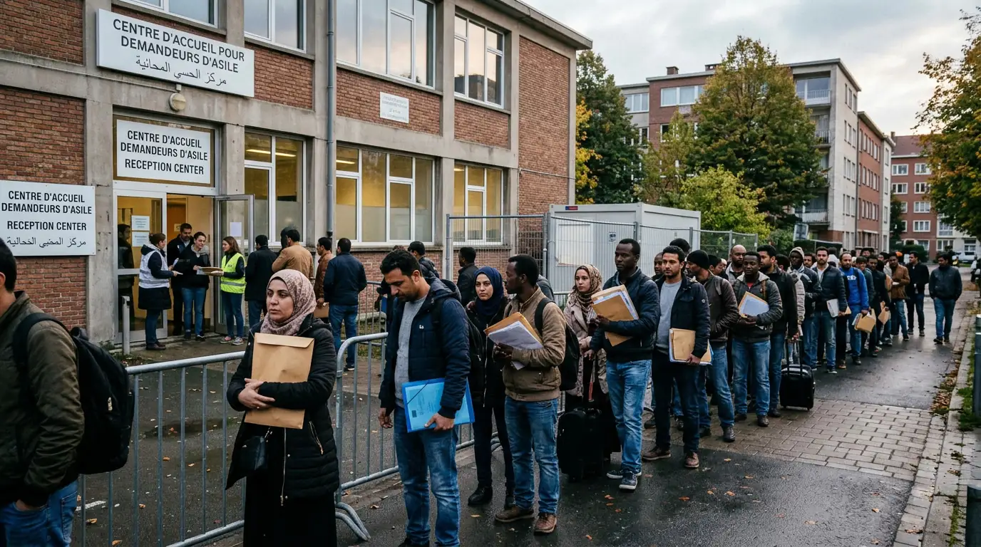 File de demandeurs d'asile devant un centre d'accueil européen, dossiers à la main.