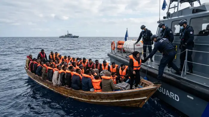 Garde-frontières européens et embarcation de migrants en Méditerranée, illustrant l'enjeu migratoire pour l'Union européenne.