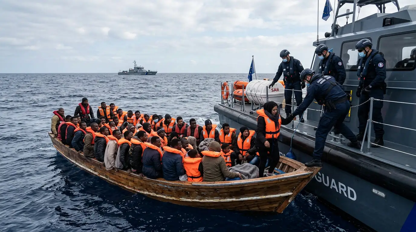 Garde-frontières européens et embarcation de migrants en Méditerranée, illustrant l'enjeu migratoire pour l'Union européenne.