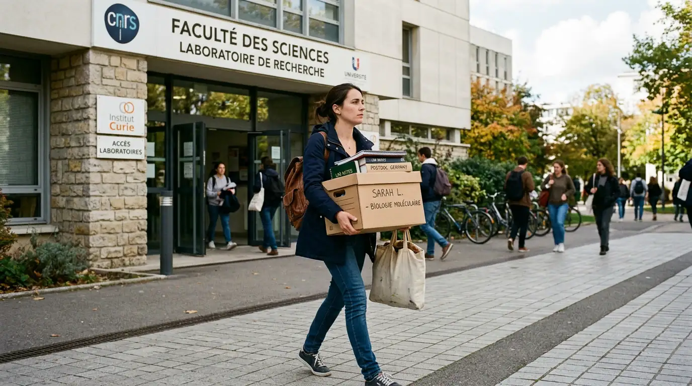 Chercheuse quittant un laboratoire avec ses cartons, symbole de la fuite des cerveaux.