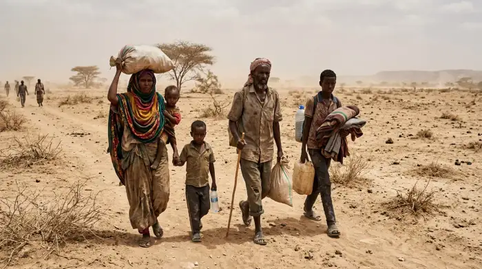 Famille de déplacés traversant une zone aride, illustrant les migrations provoquées par le changement climatique.