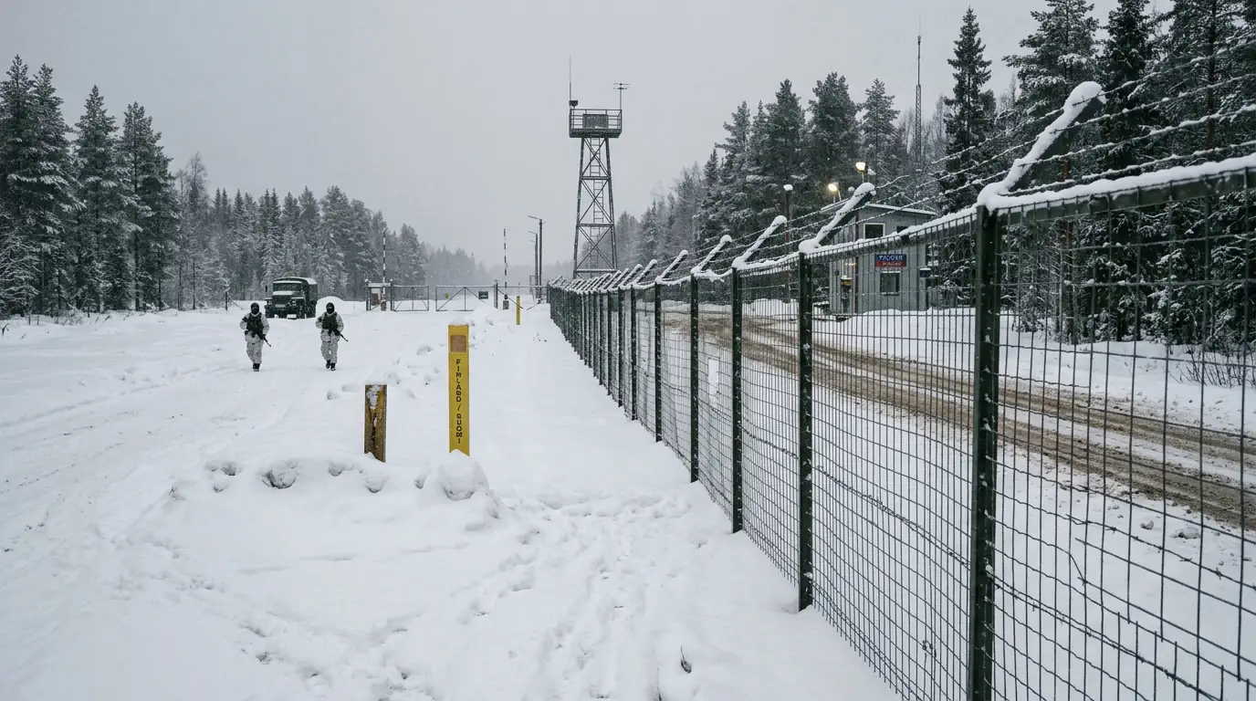 Barrière frontalière sous la neige entre la Finlande et la Russie, gardes-frontières au loin.