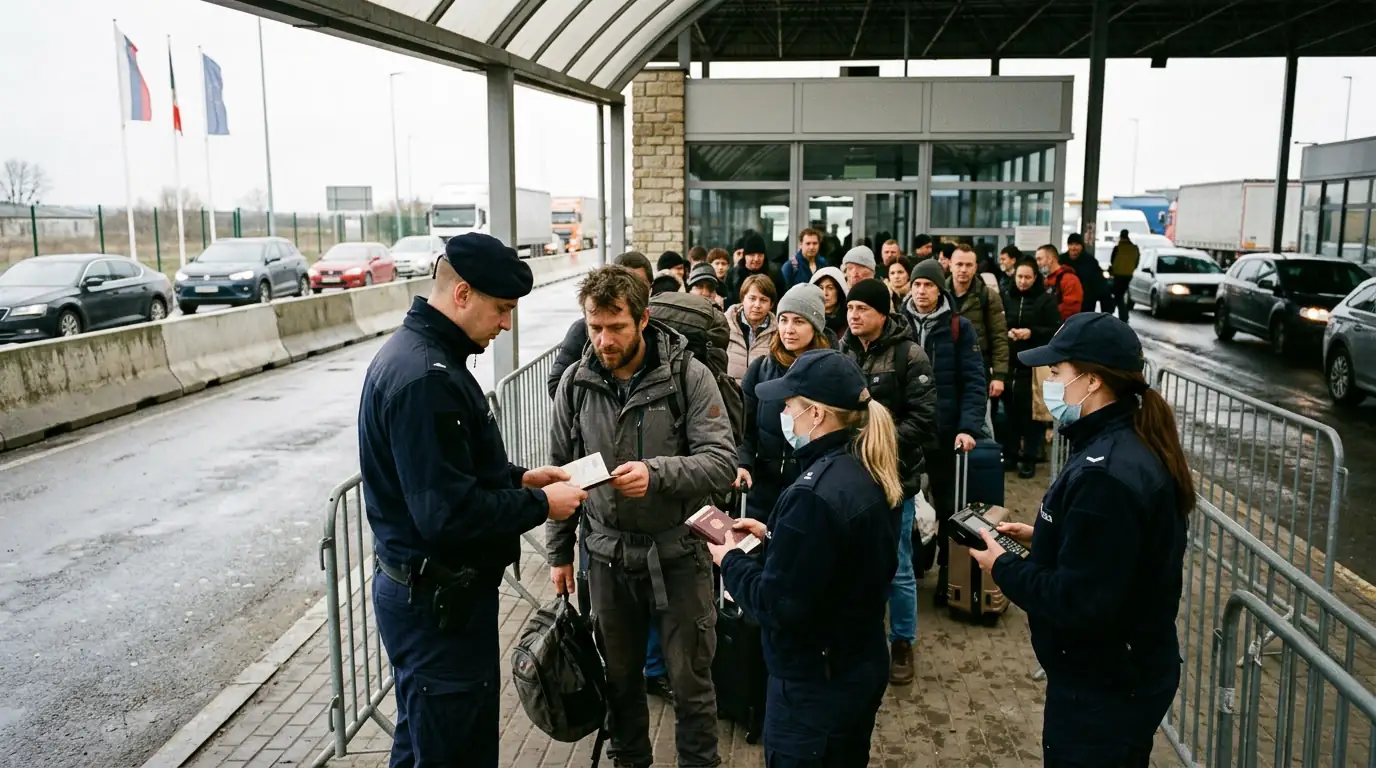 Poste-frontière européen avec des agents contrôlant l'identité de personnes en file d'attente.