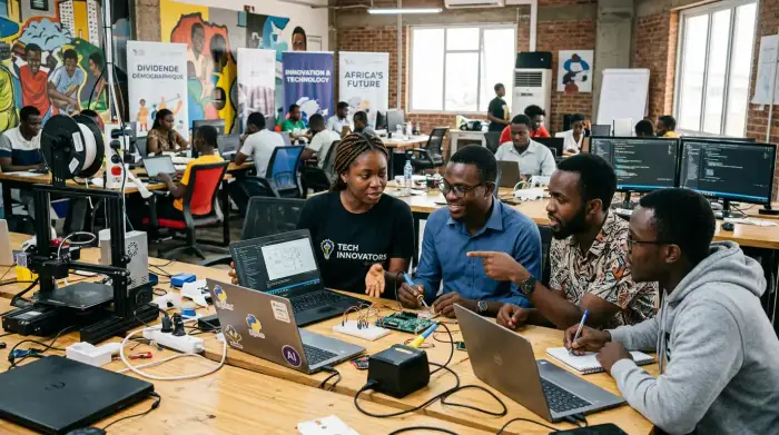 Jeunes ingénieurs africains travaillant dans un centre technologique, illustration du dividende démographique.