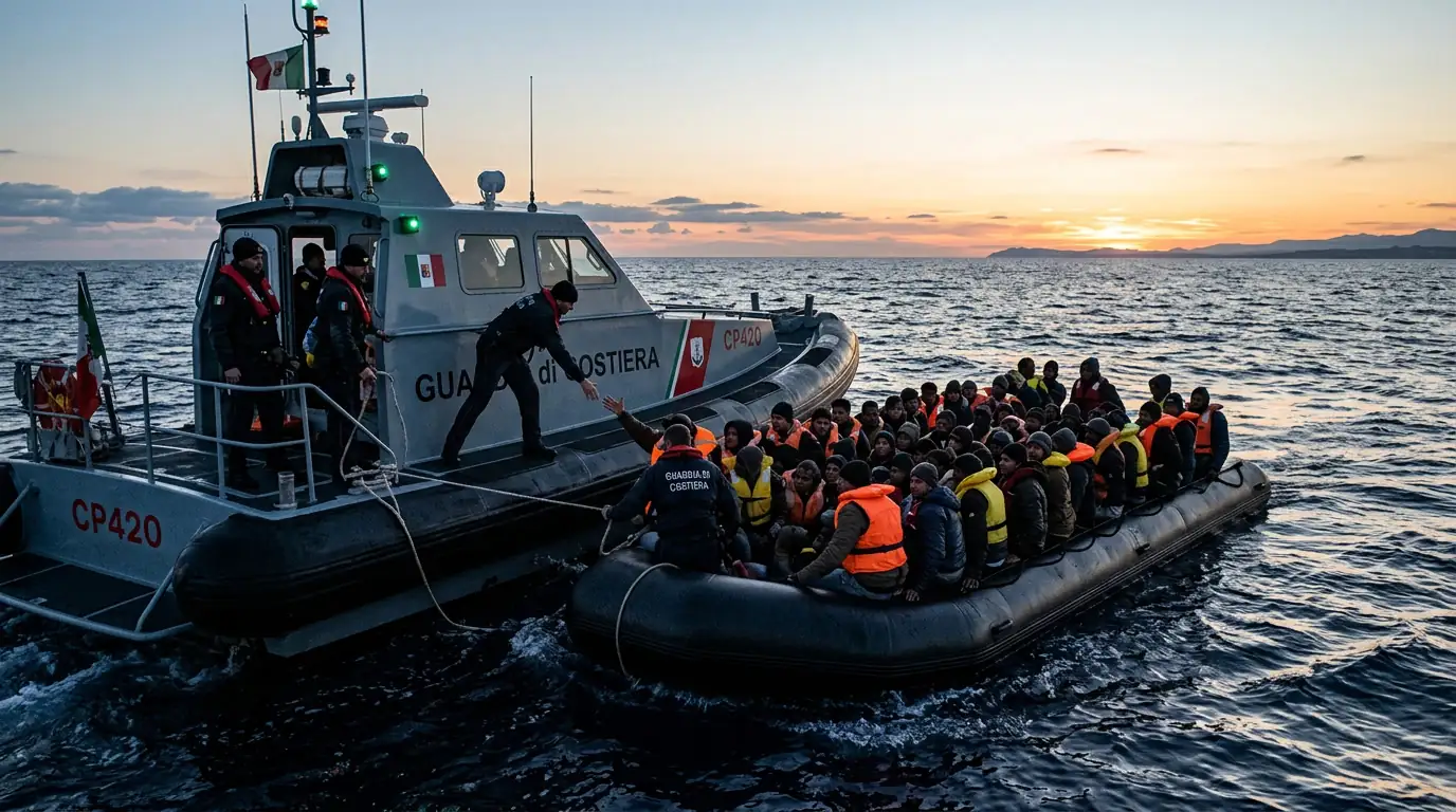 Garde-frontières et embarcation de migrants en mer Méditerranée au lever du jour.