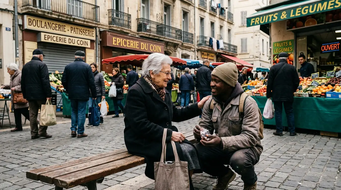 Personnes âgées et travailleurs migrants dans une ville européenne, illustrant le lien entre vieillissement et migration.