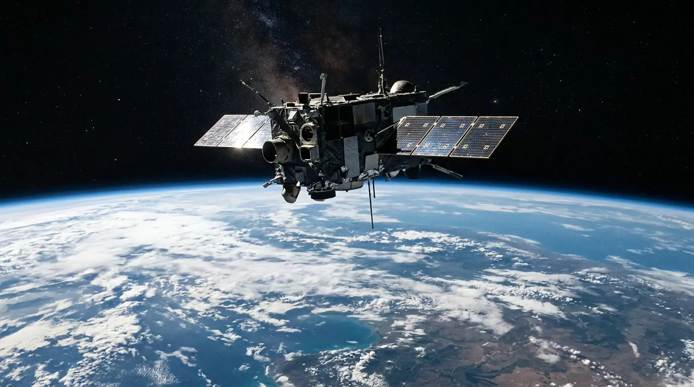 Satellite militaire en orbite au-dessus de la Terre, symbole de la militarisation de l'espace.