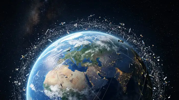 Représentation de satellites et de débris en orbite terrestre basse autour de la planète.
