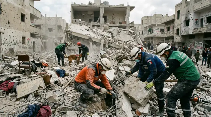 Équipe de secours fouillant les décombres d'un bâtiment effondré dans une région marquée par les tensions politiques.