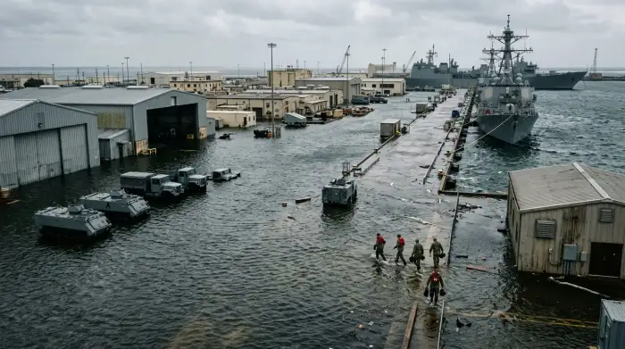 Une base navale partiellement inondée, illustrant l'impact de la montée des eaux sur les infrastructures militaires.