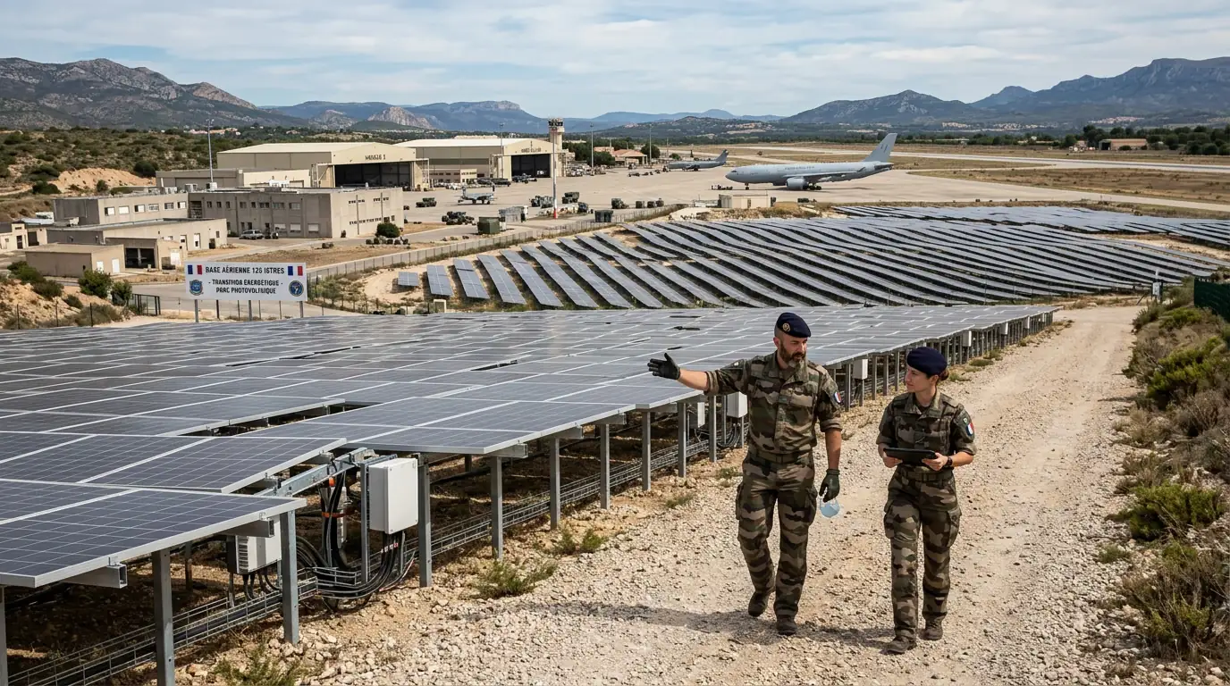 Panneaux solaires installés sur une base militaire, illustrant la transition énergétique des forces armées.