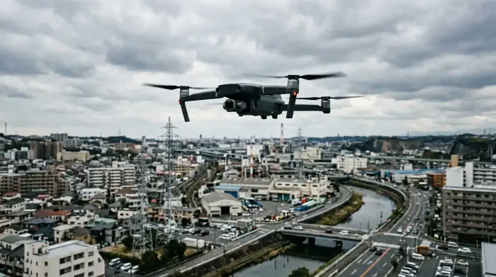 Drone quadricoptère grand public en vol, symbole des technologies à double usage civiles et militaires.