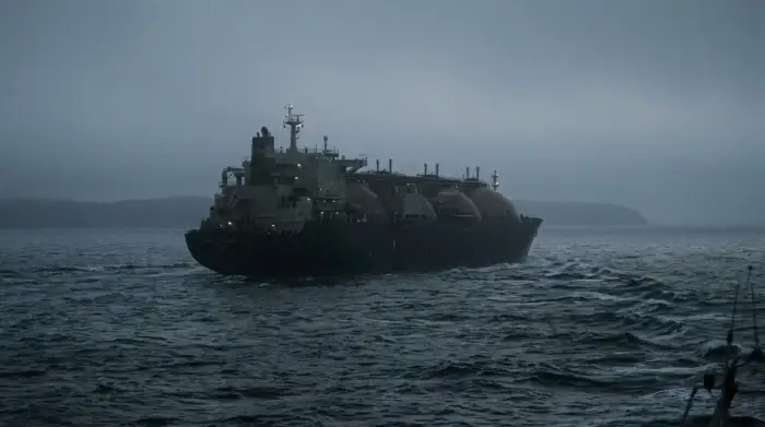 Méthanier traversant un détroit maritime sous faible visibilité, transpondeur éteint, mer sombre au crépuscule.
