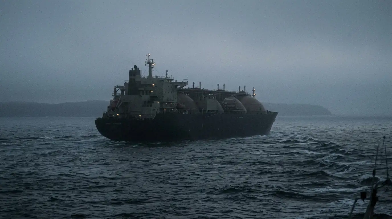 Méthanier traversant un détroit maritime sous faible visibilité, transpondeur éteint, mer sombre au crépuscule.