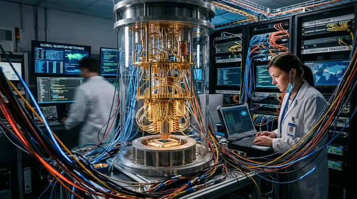 Représentation d'un processeur quantique relié à des réseaux de données symbolisant la compétition technologique mondiale.