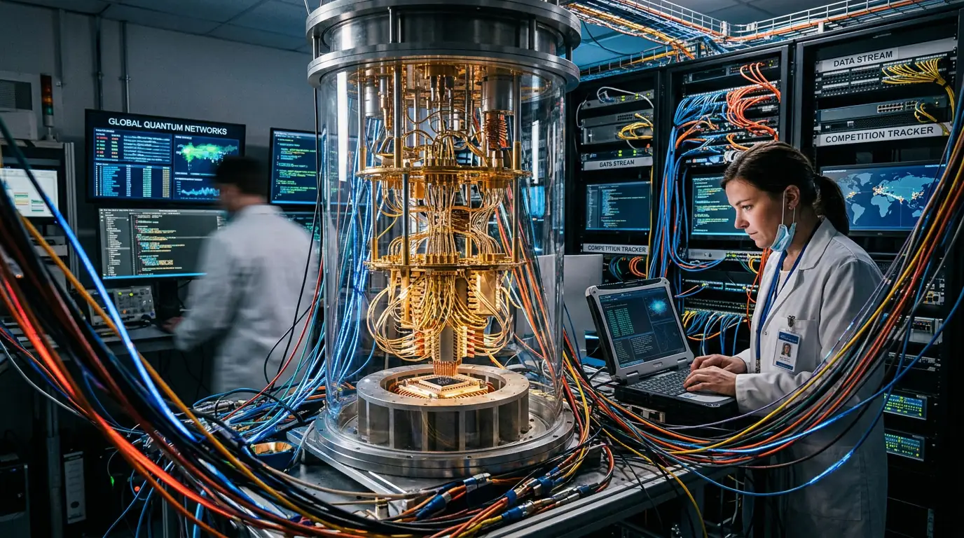 Représentation d'un processeur quantique relié à des réseaux de données symbolisant la compétition technologique mondiale.