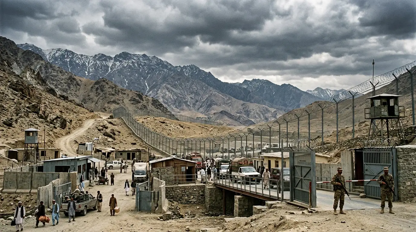 Poste-frontière fortifié et clôture métallique séparant les montagnes afghanes et pakistanaises le long de la ligne Durand, sous un ciel chargé.