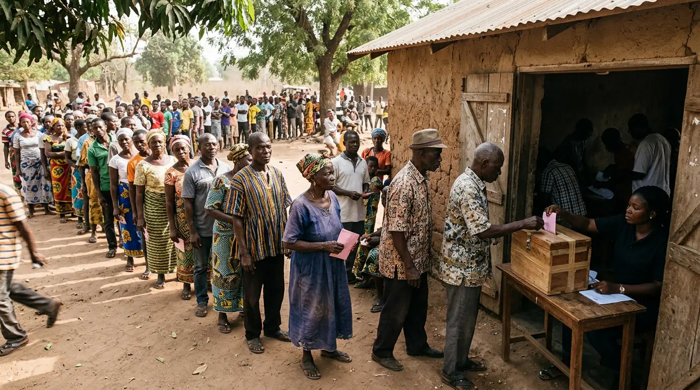Bureau de vote en Afrique subsaharienne avec une file d'électeurs attendant pour glisser leur bulletin.