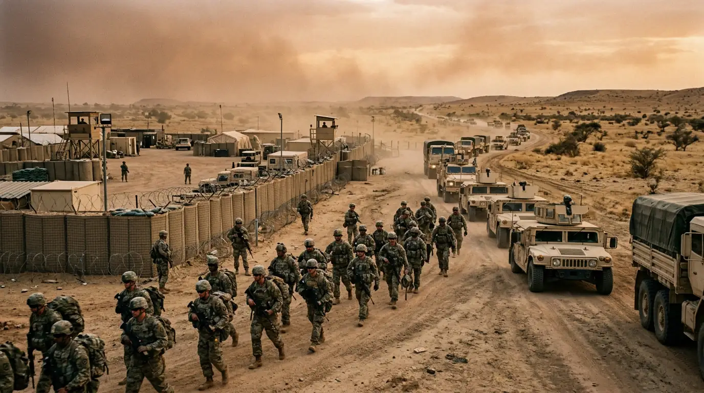 Soldats américains quittant une base militaire au Sahel sous un ciel aride, symbolisant le retrait des États-Unis d'Afrique