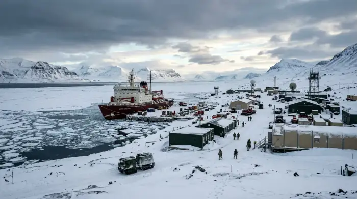 Base militaire enneigée et brise-glace dans un paysage arctique sous un ciel polaire.