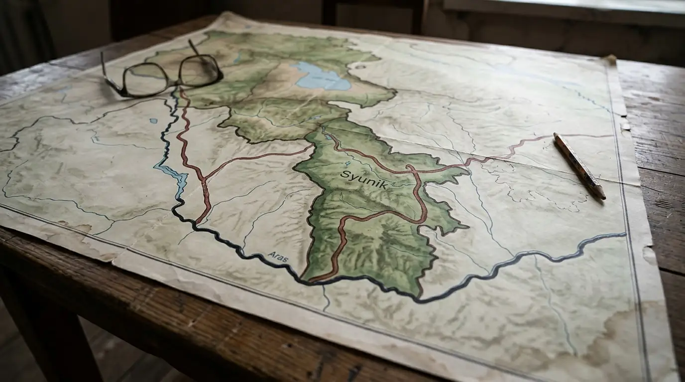 Carte du sud de l'Arménie montrant la province du Syunik, le tracé reliant l'Azerbaïdjan au Nakhitchevan et la frontière avec l'Iran.