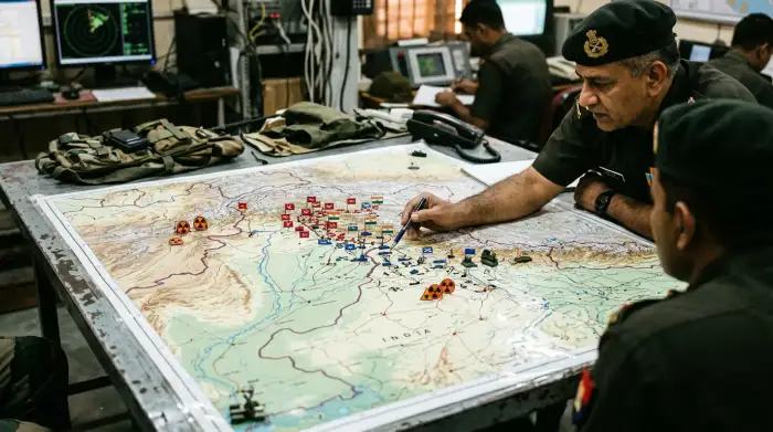 Carte de l'Asie du Sud avec les positions militaires indiennes et pakistanaises et symboles nucléaires