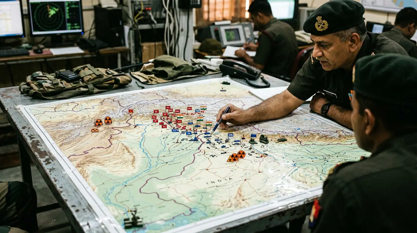 Carte de l'Asie du Sud avec les positions militaires indiennes et pakistanaises et symboles nucléaires