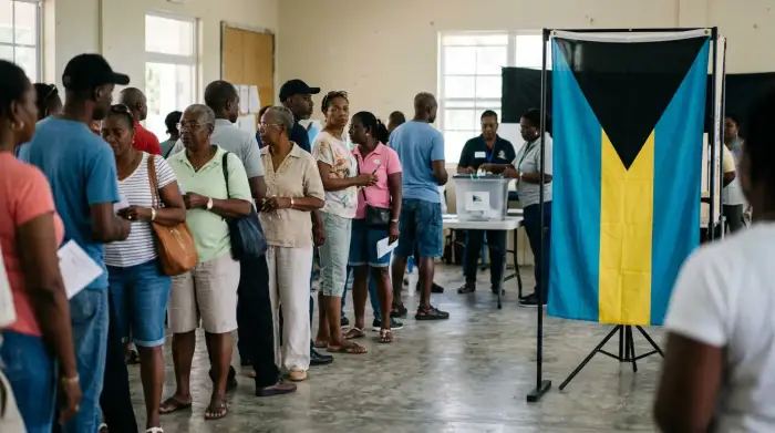 Bureau de vote à Nassau lors des élections générales bahaméennes de mai 2026, électeurs faisant la queue devant un drapeau des Bahamas.