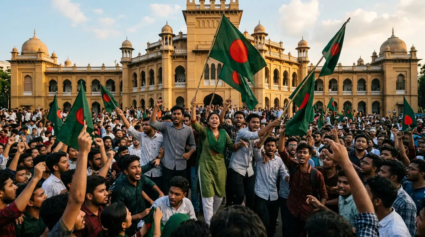 Manifestants étudiants brandissant le drapeau du Bangladesh devant un bâtiment officiel à Dacca lors du soulèvement de l'été 2024.