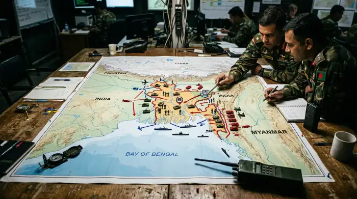 Carte stratégique du golfe du Bengale montrant le Bangladesh entre l'Inde, la Chine et le Pakistan, avec des symboles militaires.