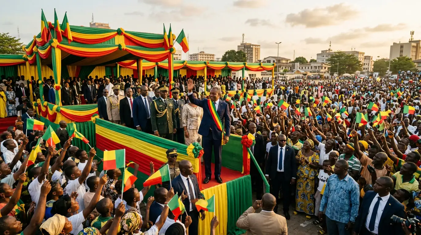 Cérémonie d'investiture présidentielle à Cotonou : tribune officielle pavoisée aux couleurs vert, jaune et rouge du Bénin devant une foule, lumière de fin d'après-midi.