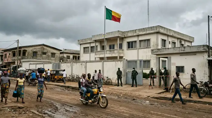 Une rue de Cotonou au Bénin sous un ciel gris, avec un bâtiment administratif officiel et un drapeau béninois, évoquant le resserrement de l'espace civique.