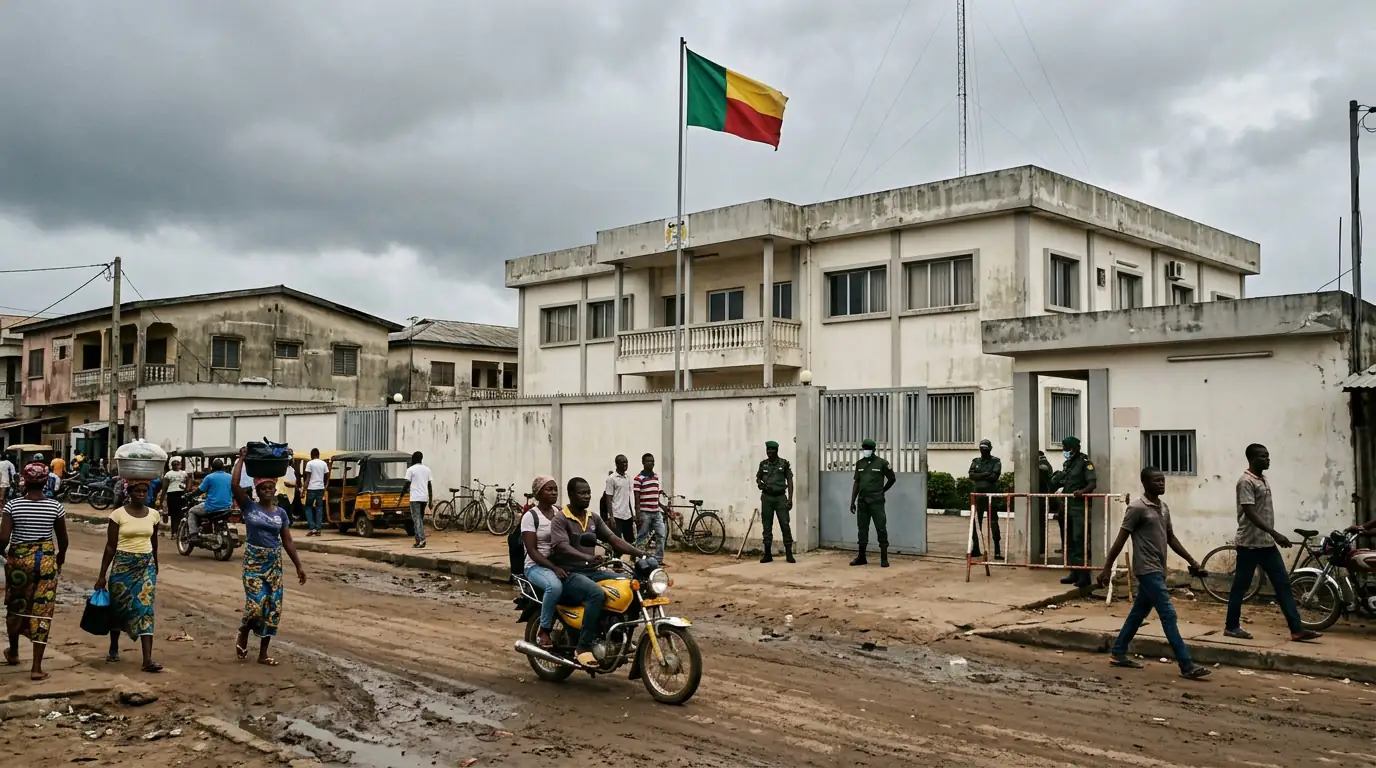 Une rue de Cotonou au Bénin sous un ciel gris, avec un bâtiment administratif officiel et un drapeau béninois, évoquant le resserrement de l'espace civique.