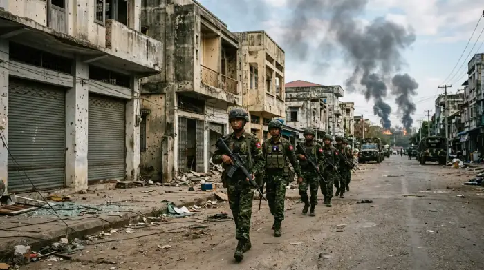 Soldats de la junte birmane en patrouille dans une ville reprise, colonnes de fumée à l'horizon, région de Mandalay