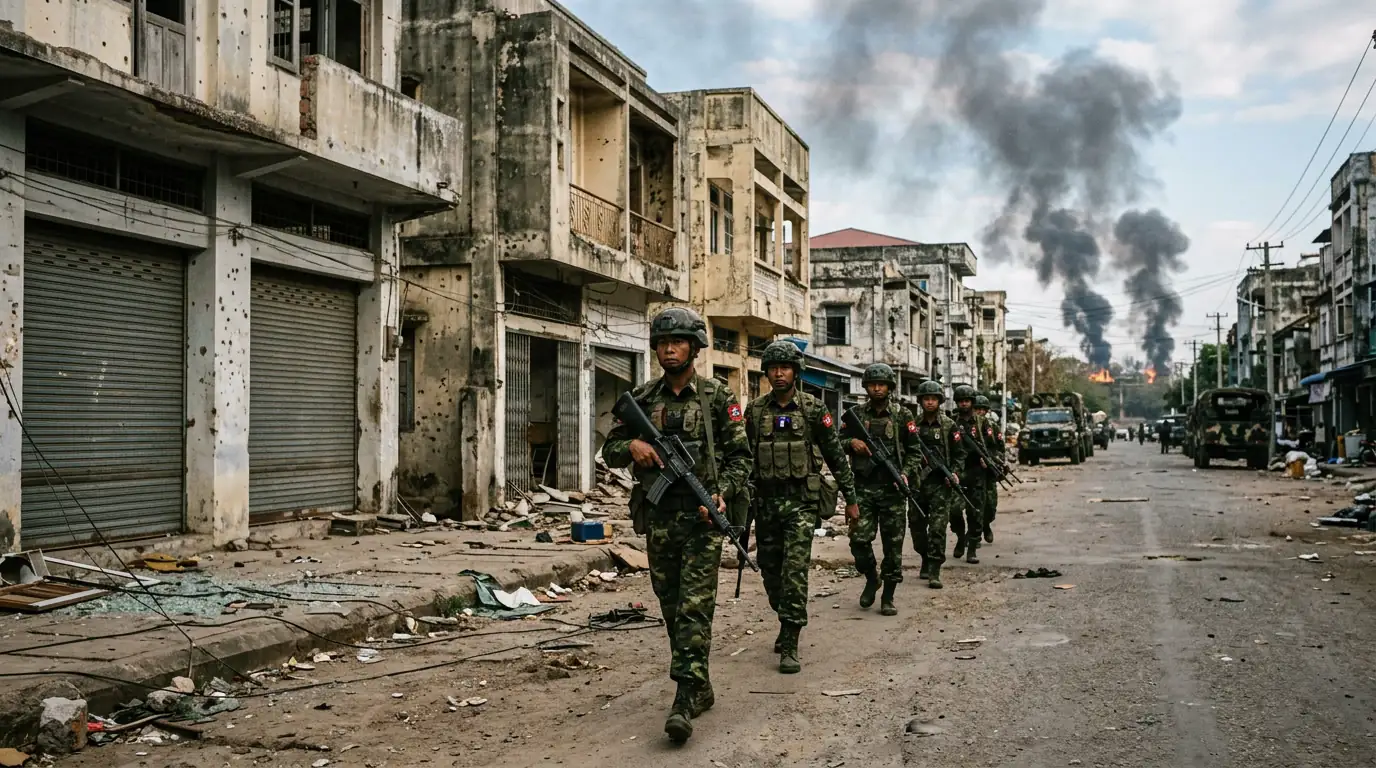 Soldats de la junte birmane en patrouille dans une ville reprise, colonnes de fumée à l'horizon, région de Mandalay