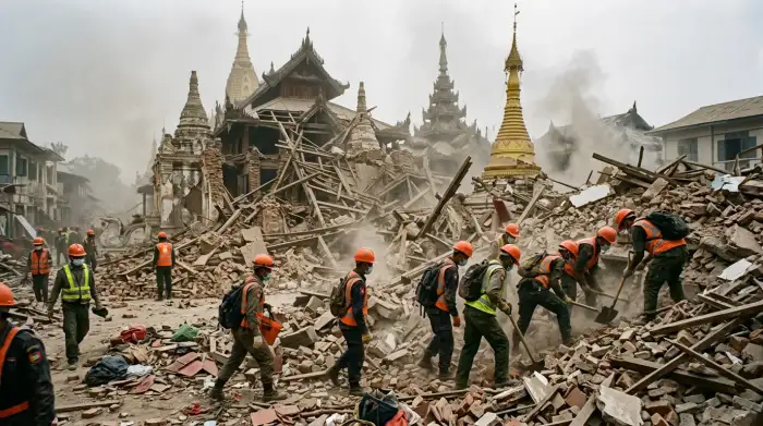 Bâtiments effondrés et monastère en ruines dans la région de Mandalay en Birmanie après le séisme, secouristes fouillant les décombres sous un ciel chargé de poussière