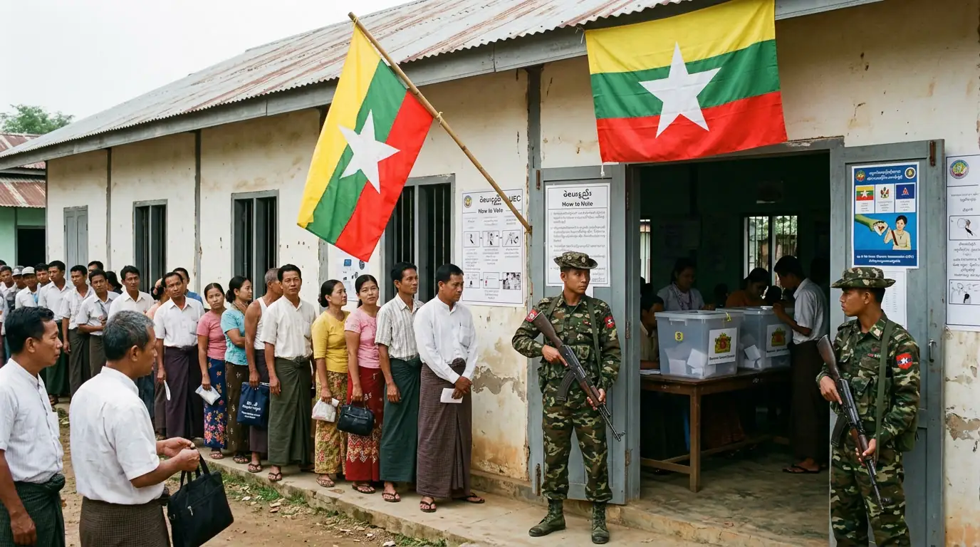 Bureau de vote birman gardé par des soldats, urnes et affiches électorales sous le drapeau du Myanmar.