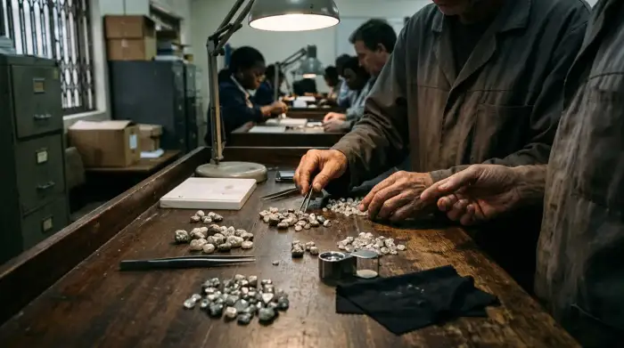 Diamants bruts triés sur une table d'examen, illustrant la lutte pour le contrôle du géant De Beers.