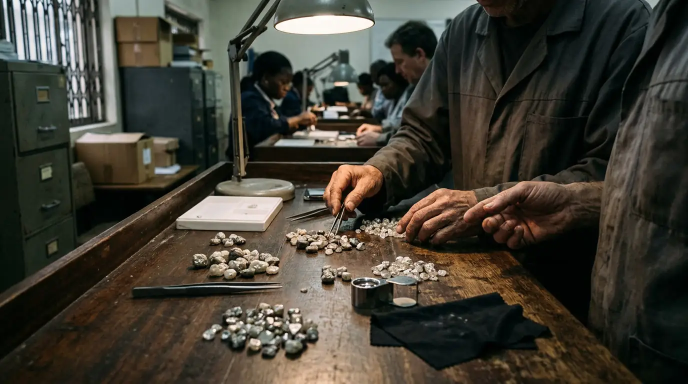 Diamants bruts triés sur une table d'examen, illustrant la lutte pour le contrôle du géant De Beers.
