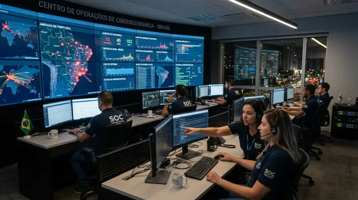 Centre de surveillance informatique avec écrans affichant des données de cybersécurité au Brésil.