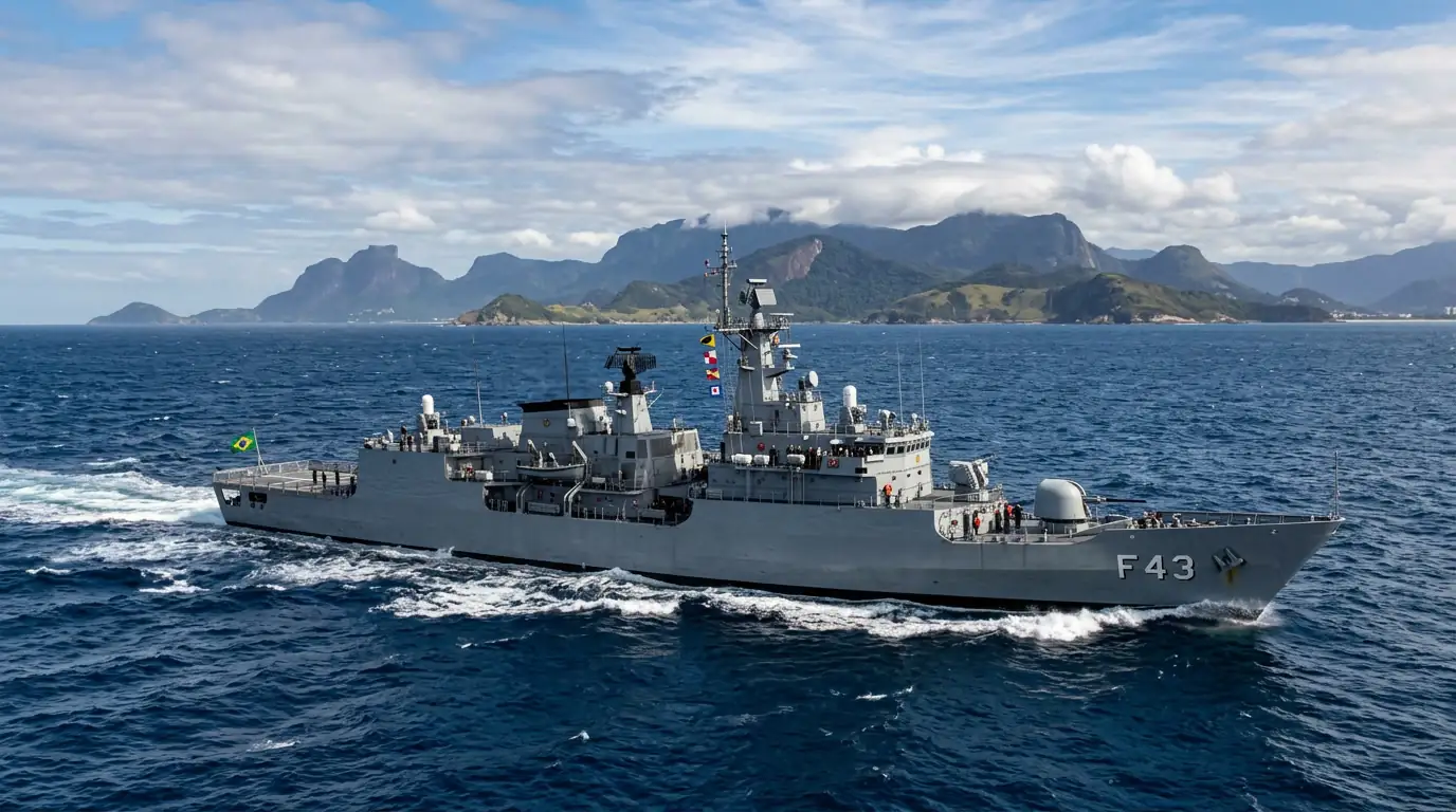 Frégate de la marine brésilienne naviguant au large des côtes de l'Atlantique Sud
