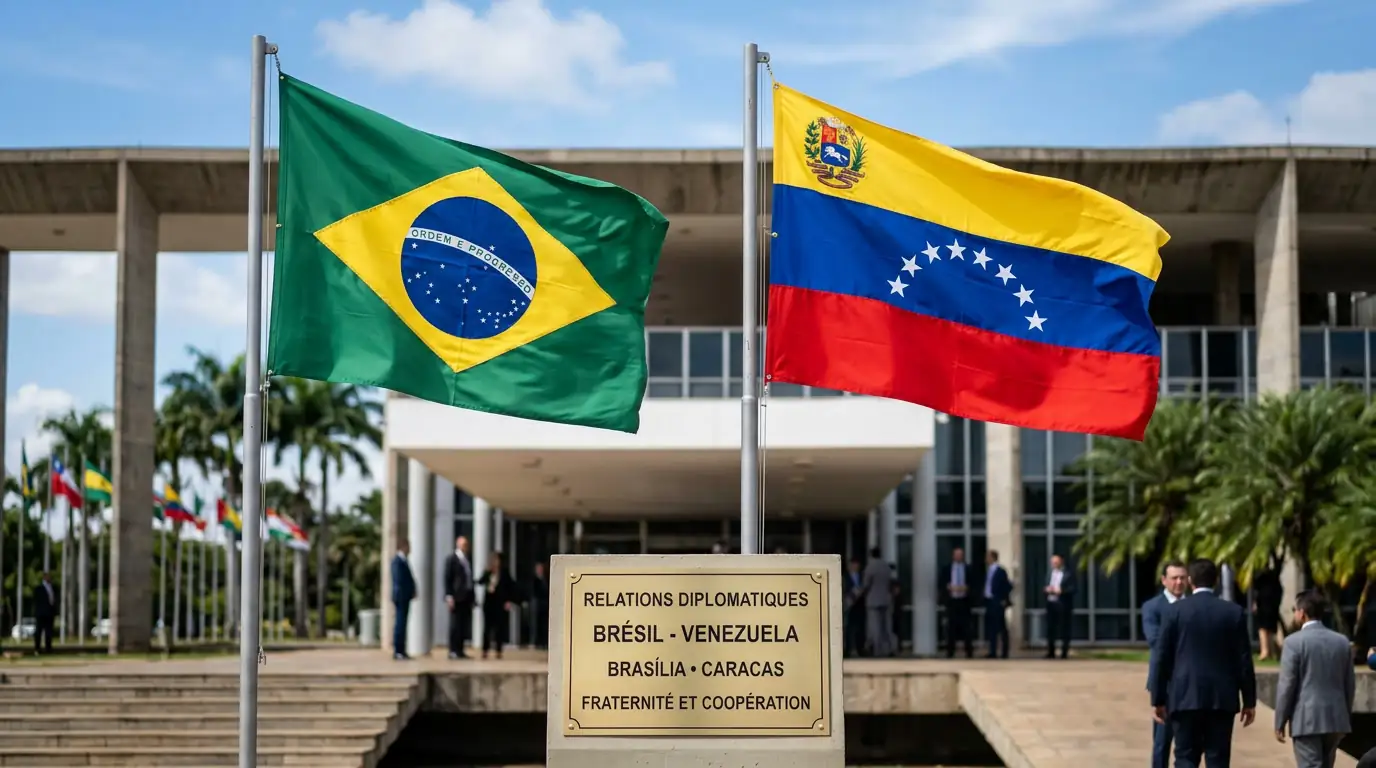 Drapeaux du Brésil et du Venezuela symbolisant les relations diplomatiques entre Brasília et Caracas.