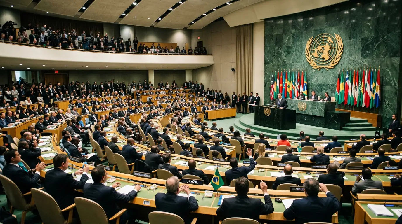 Salle de l'Assemblée générale des Nations unies, symbole des institutions que le Brésil veut réformer.