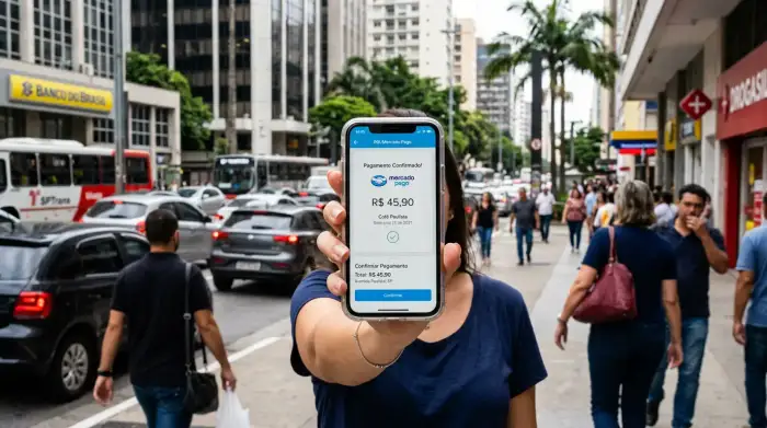 Main tenant un smartphone affichant une application de paiement mobile à São Paulo