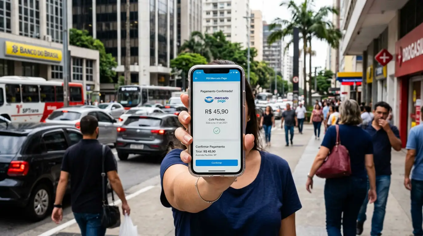 Main tenant un smartphone affichant une application de paiement mobile à São Paulo