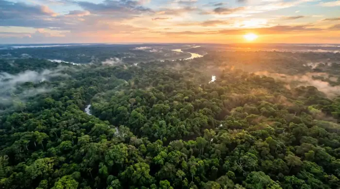 Canopée dense de la forêt amazonienne brésilienne vue du ciel au lever du jour