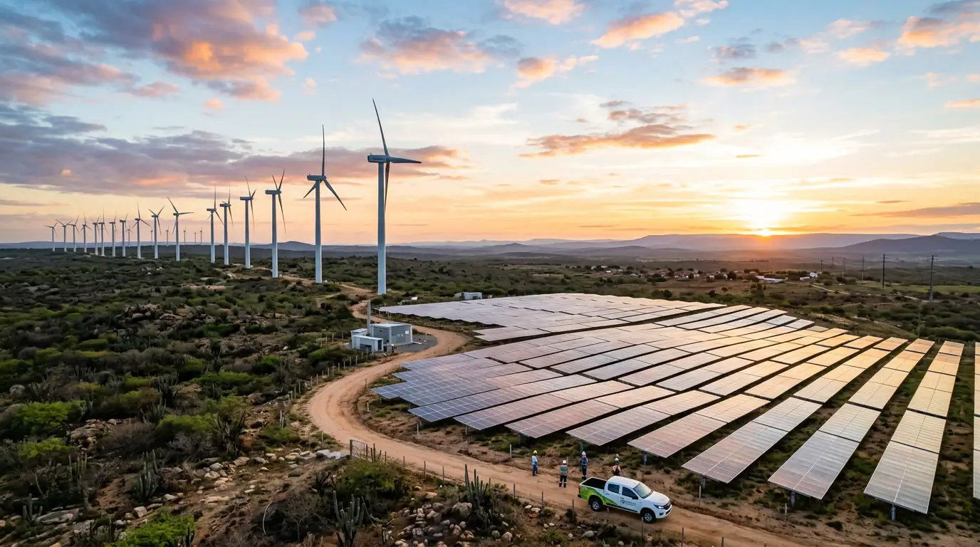 Éoliennes et panneaux solaires dans le Nordeste brésilien, vitrine de la transition énergétique du pays.