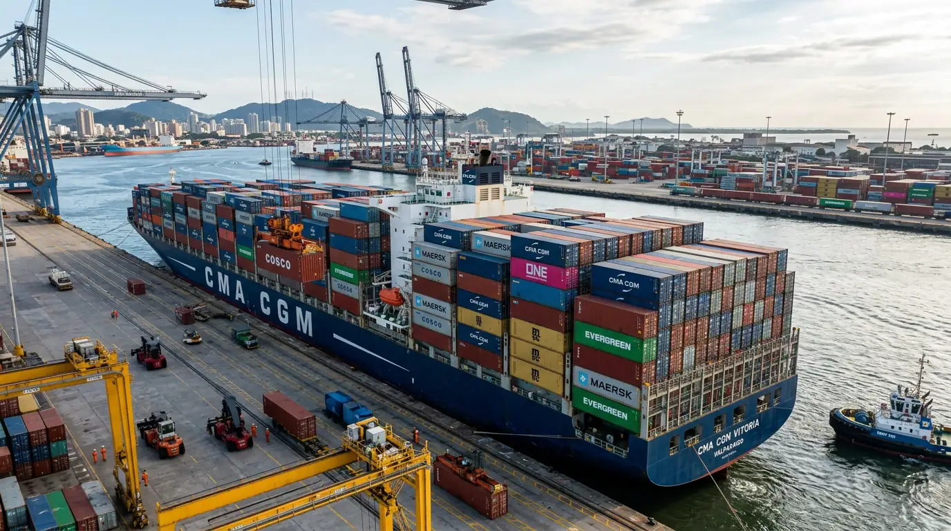 Cargo chargé de conteneurs dans un port brésilien à destination de la Chine